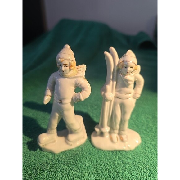 Vintage Japanese Porcelain Skier Figurines 4.5in. Tall, Set Of 2 - Picture 1 of 7